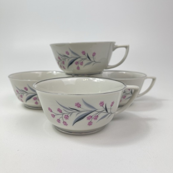 Other - Embassy USA China Tru Tone Footed Tea Cups Pink‎ Flowers Gray Platinum Rim
